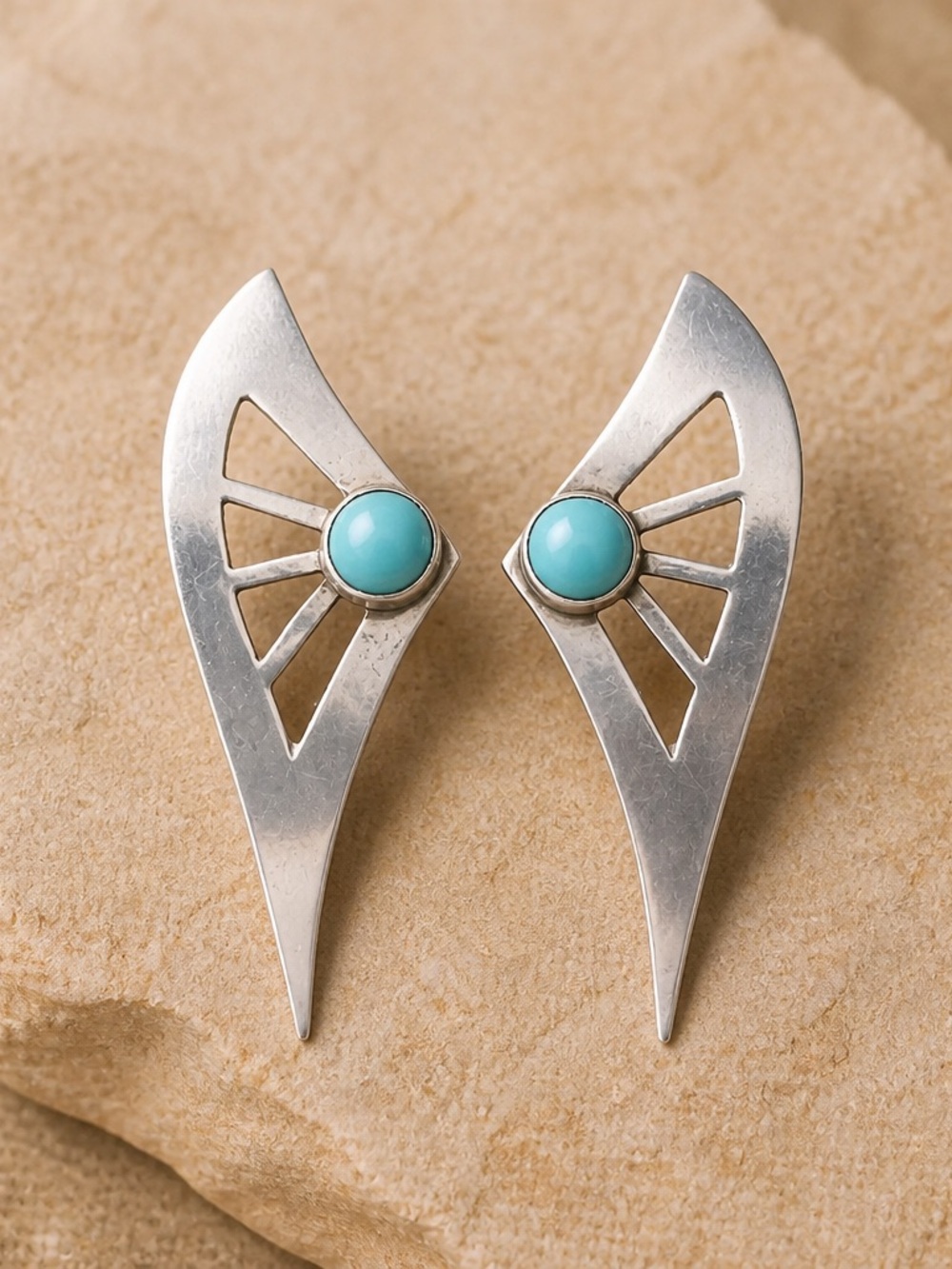 Vintage Sterling Silver Turquoise Accent Wing Clip on Earrings